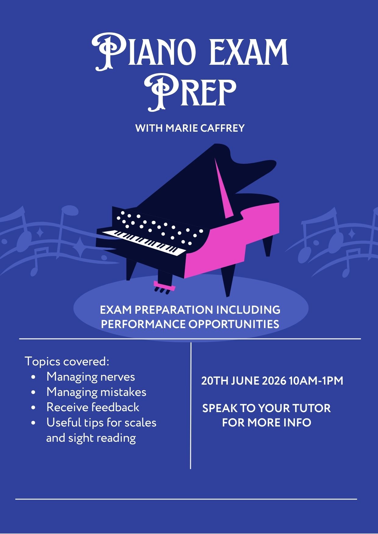Flyer for a piano exam prep class